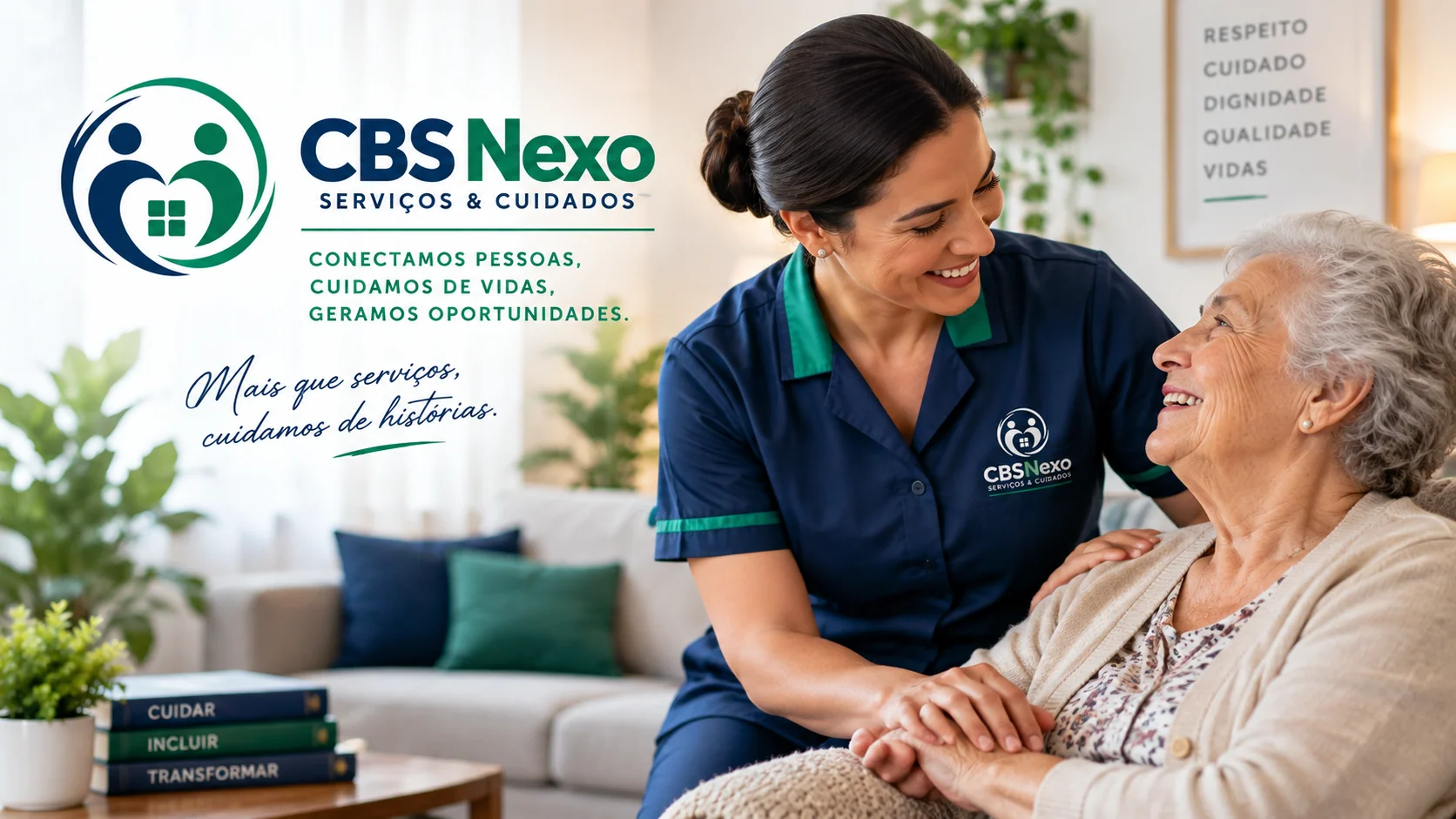 CBS Nexo: cuidadora acolhendo uma senhora em casa