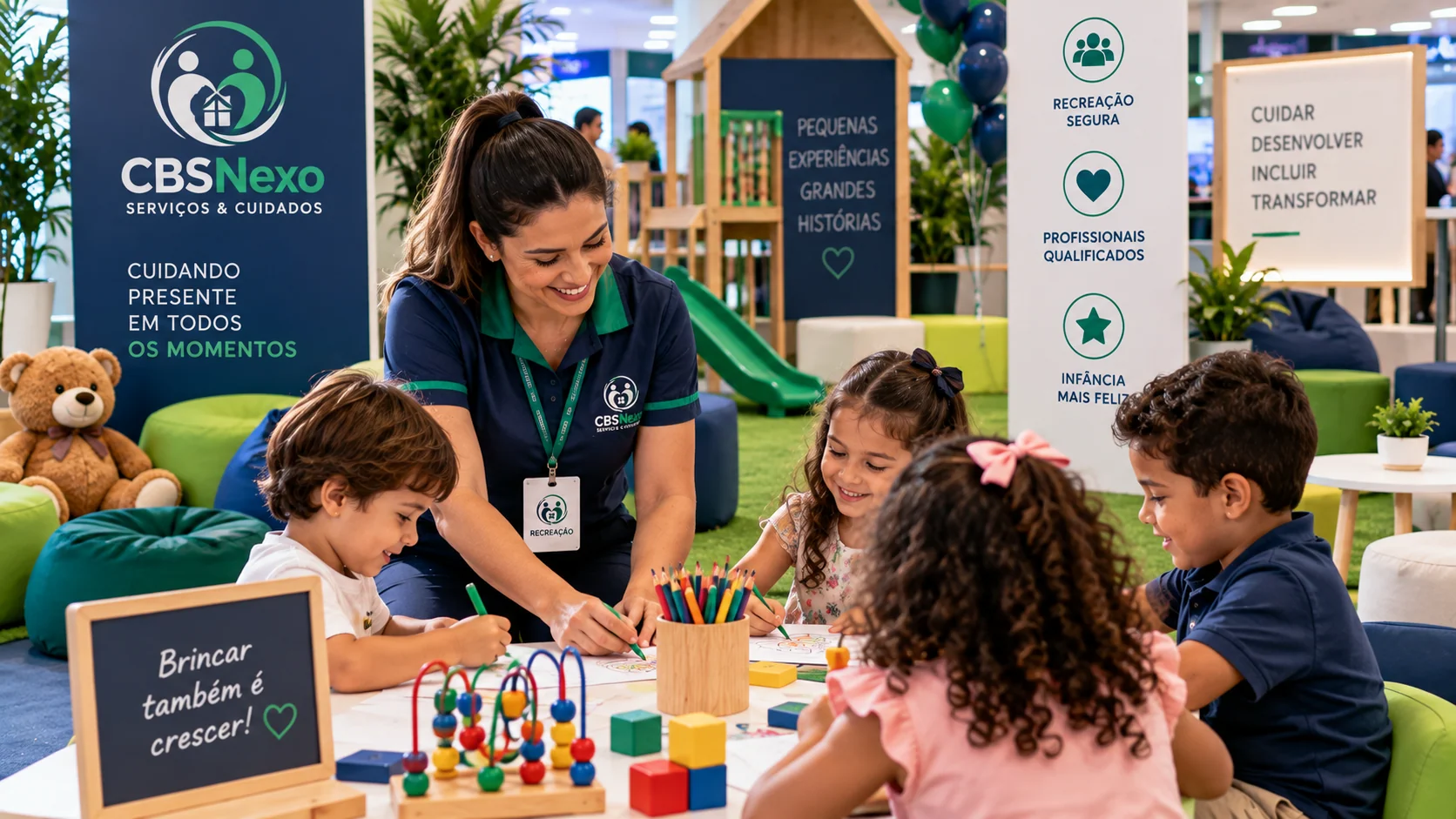 Atividade recreativa com crianças acompanhadas por uma profissional
