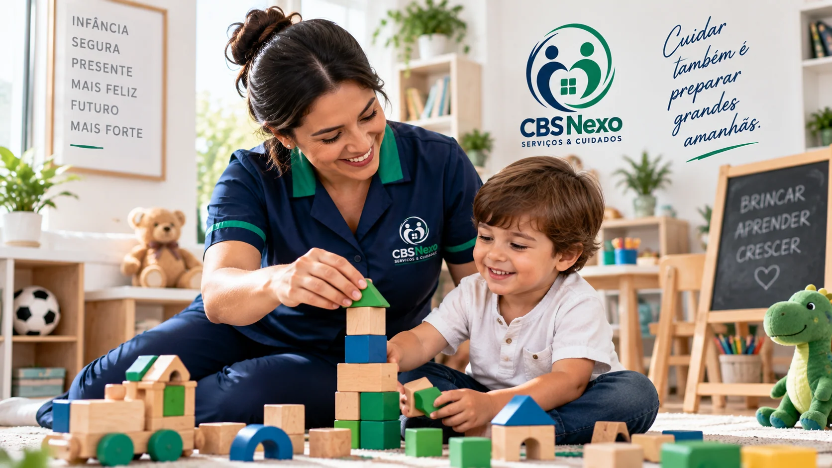 Cuidadora e criança brincando com blocos coloridos